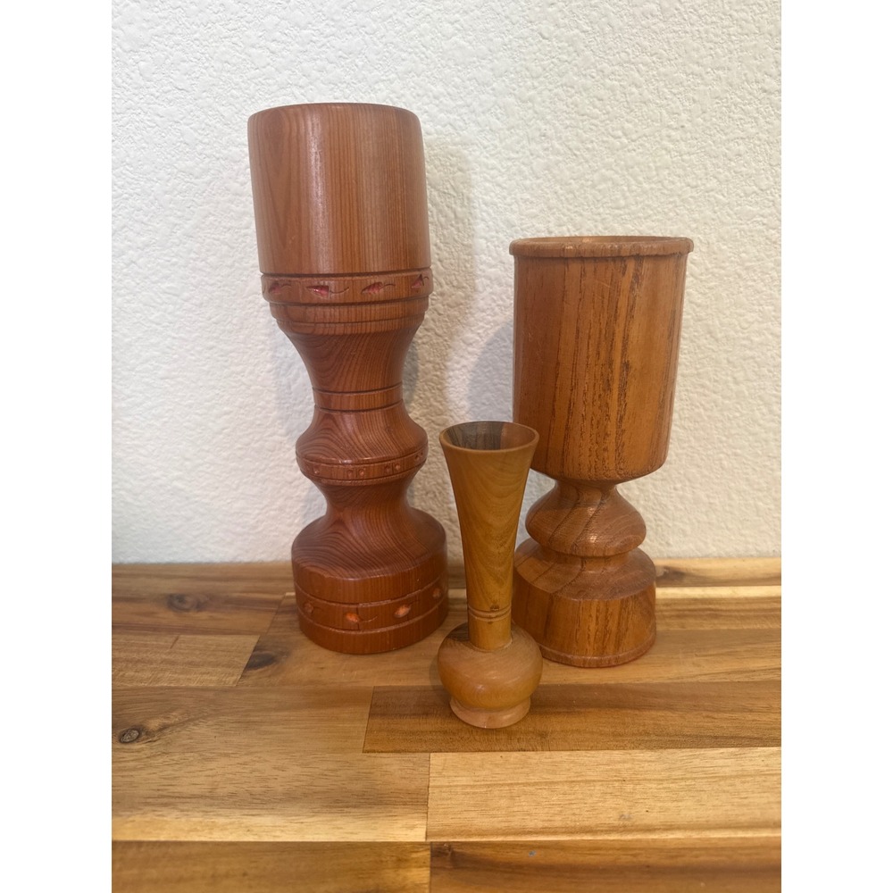 Vintage Hand Turned Wood Vase Set 3 Piece Artisanal Carved Wooden Vessels Brown